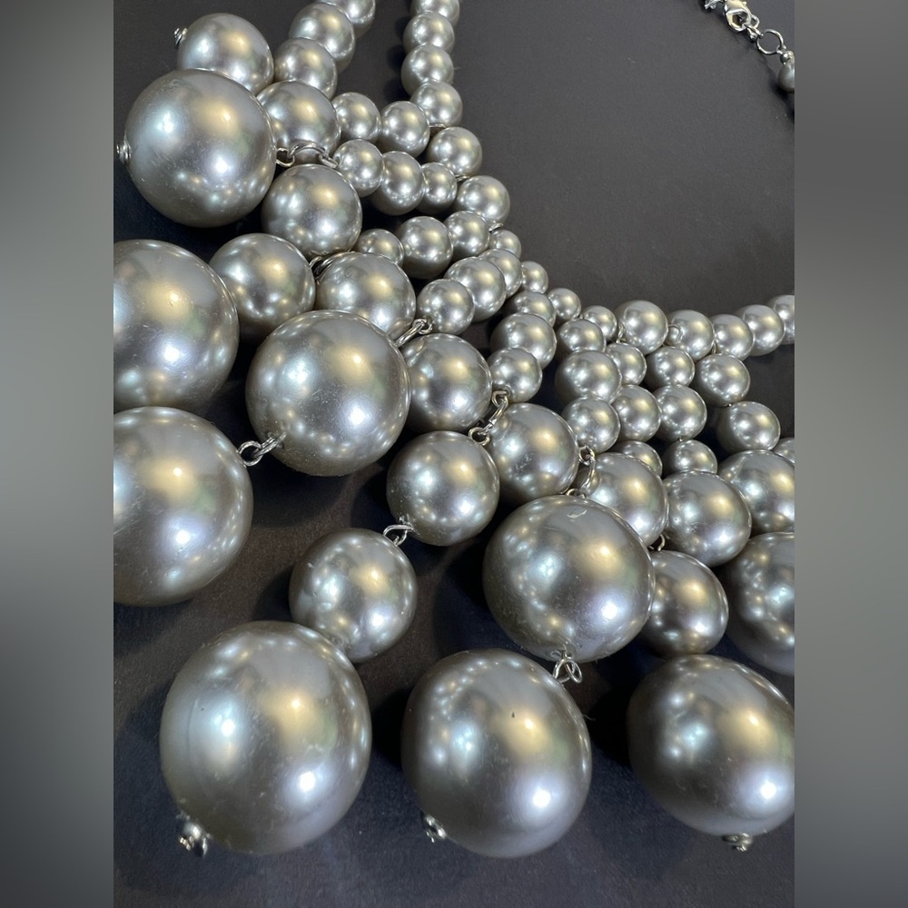 New Satin Silver Multi Layer Necklace with Cascading Faux Pearls - Picture 3 of 6